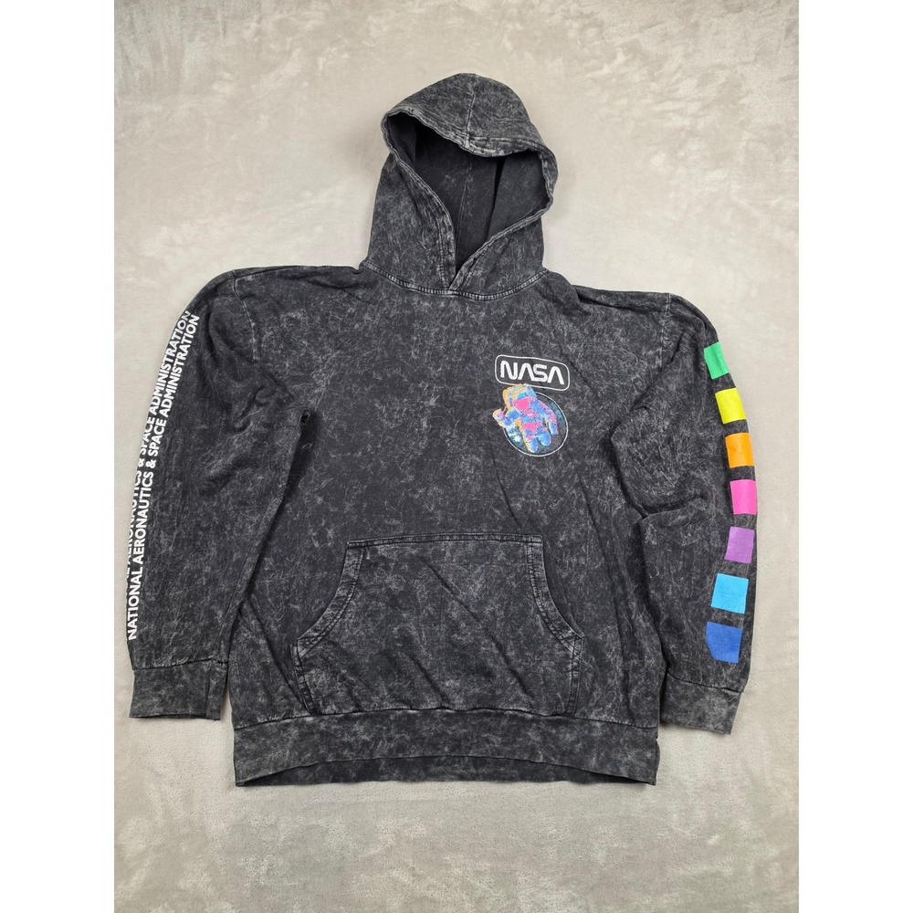 Hyper Space NASA Hoodie Mens Large Black Acid Wash Astronaut Rainbow Sweatshirt
